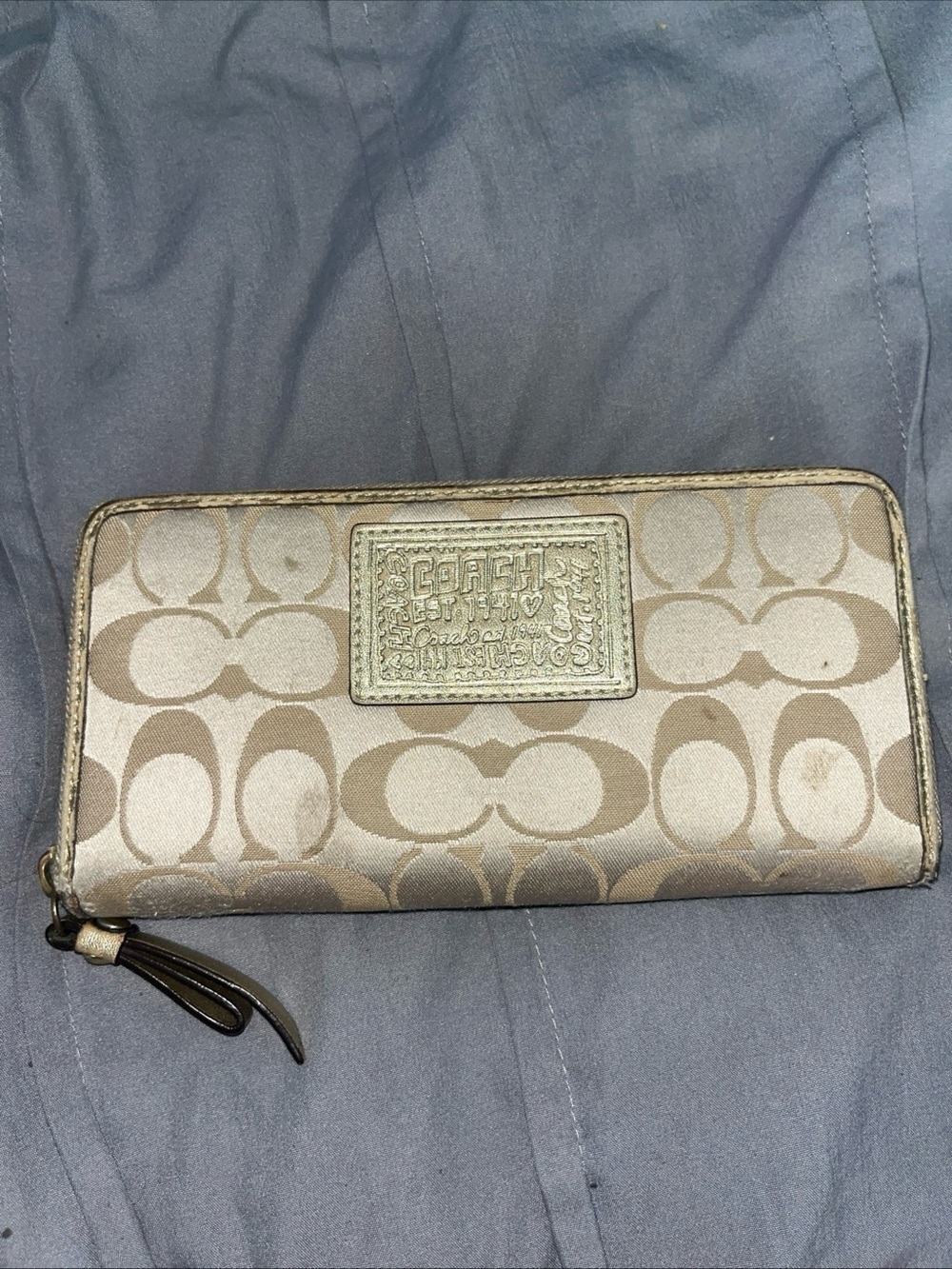 Coach Beige and Tan Signature Zip Wallet